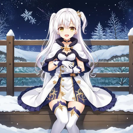 Best quality, ultra HD, masterpiece, long white hair,one side up, round medium breast, cleavege,full body shot girl,choker,yellow eyes, night sky, open mouth, snow, capelet, white gloves, star (sky), thighhighs, twintails, cowboy shot, smile,mole near eye brow,sitting on wooden fence
