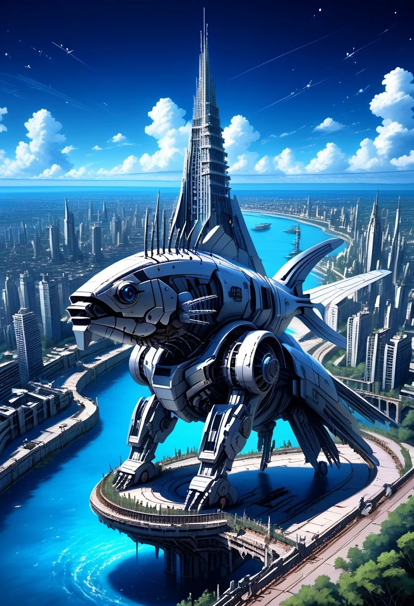 fastenerswm, scenery,building,city,water,cityscape,sky,outdoors,cloud,cloudy sky,bridge,day,ruins,skyscraper,blue sky,ocean,tower,tree,fish, mecha,science fiction,no humans,glowing,retro artstyle,space,star \(sky\),planet,earth \(planet\),space craft,starry sky,weapon,milky way, by advntr,