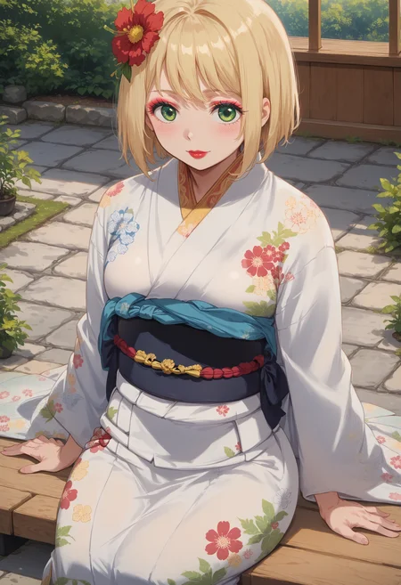 score_9, score_8_up, score_7_up, highres, woman, 20yo, high res image, source_anime, masterpiece, 1girl, solo, detailed face, detailed eyes, eyes half open, <lora:MoriyamaShiemi:1>, moriyamashiemi, shiemi, blonde hair, short hair, blunt bangs, green eyes, blush, lipstick, slim waist, makeup, red eyeshadow, medium breasts,
inside, (beautifull floral pattern, white kimono), kimono with golden accents, accents shining in the light, (red sash), hair flower, (sitting on porch), japanese house, tatami floor, (beautifull garden in background),
