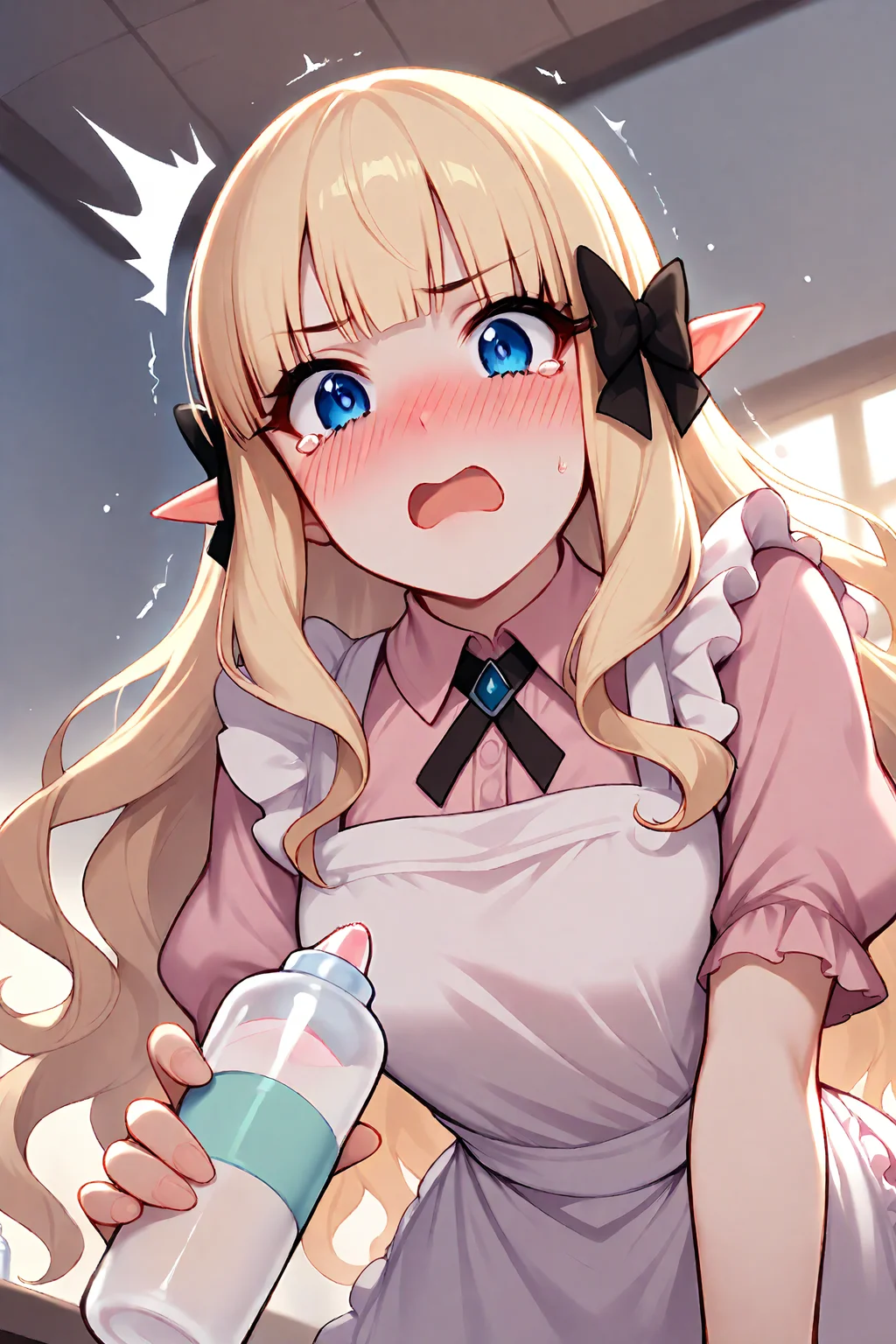 1girl, solo, mature female, saren \(princess connect!\), blue eyes, elf_ears, blush, flustered, surprised, tearing_up, open mouth, holding a bottle, baby bottle, shaking bottle, looking at viewer, pink blouse, white apron, frilled apron, upper_body, leaning_forward, from below, masterpiece, best quality, very aesthetic