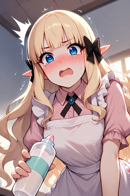 1girl, solo, mature female, saren \(princess connect!\), blue eyes, elf_ears, blush, flustered, surprised, tearing_up, open mouth, holding a bottle, baby bottle, shaking bottle, looking at viewer, pink blouse, white apron, frilled apron, upper_body, leaning_forward, from below, masterpiece, best quality, very aesthetic