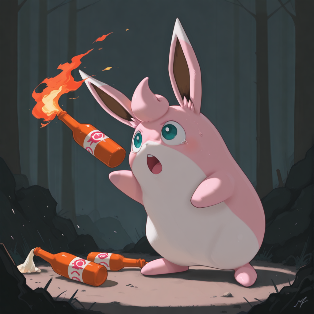 embedding:IllusP0s, g00se, molotov_\(weapon\), lit rag, throwing, no humans, animal focus, wigglytuff_\(pokemon\), cute,<lora:g00se_v2_ill.safetensors:0.85:0.85> <lora:molotov_weapon_ill.safetensors:0.8:0.8>