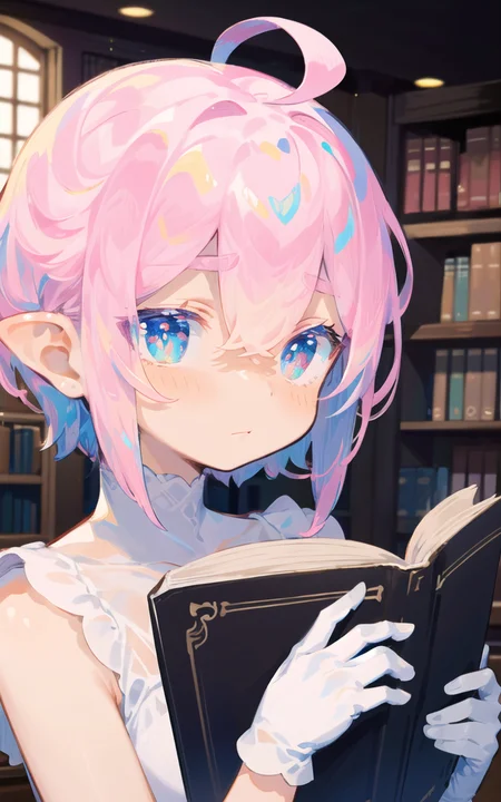 masterpiece, (best quality:1.2), high resolution illustration, coloful, intricate details, cinematic light, rim lighting, spot lighting, cowboy shot, indoors, in library, (beautiful and clear background:1.2), detailed background,
1girl, dark elf, solo, (finely detailed face and beautiful eyes), (pretty face:1.2), (gradient hair:1.2), silver hair, (pink hair:1.2), ahoge, short hair, pointy_ears, bangs,
blush, closed mouth, holding book, open book,
white gloves, see-through,
<lora:uenomigi-loha-000003:1>