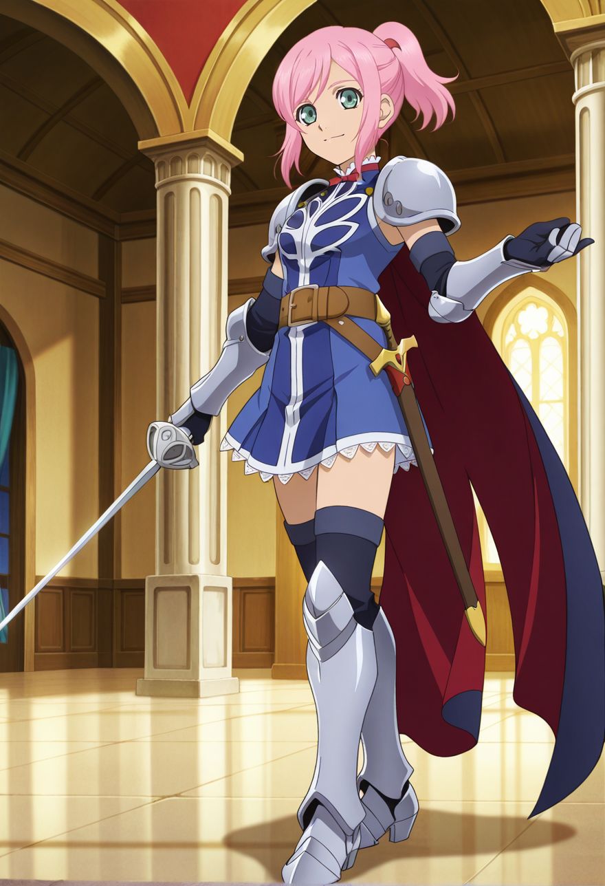 detailed eyes, beautiful, detailed background, perfect eyes,
source_anime, very aesthetic, anime coloring, masterpiece, official art,
<lora:HandFineTuning_XL:1>
BREAK,
castle, royal palace, indoor,
light smile, dynamic angle, from front,
full body, holding rapier,
BREAK,
<lora:estelleX_illustriousXL_v03:0.9>
estelleRnd, estelleknight, green eyes, pink hair, short hair, bangs, ponytail, 
armor, silver pauldrons, gauntlets, belt,  blue dress, short dress, sleeveless, detached sleeves,  cape
black thighhighs, greaves,