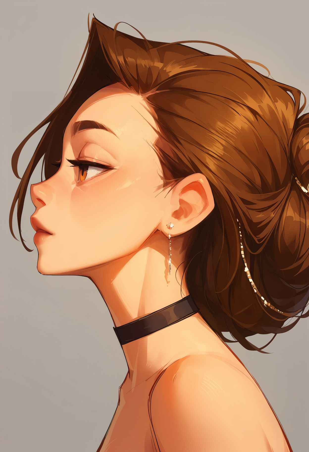 score_9,score_8_up,core_7_up, <lora:samdoesarts_pdxl_v1:1>  1girl, solo, jewelry, earrings, choker, grey background, profile, portrait, brown hair, simple background, black choker, from side