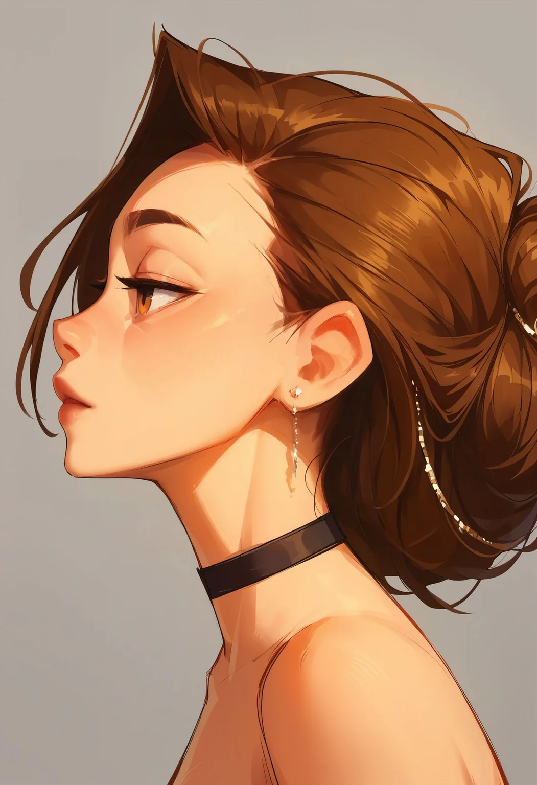 score_9,score_8_up,core_7_up, <lora:samdoesarts_pdxl_v1:1> 1girl, solo, jewelry, earrings, choker, grey background, profile, portrait, brown hair, simple background, black choker, from side
