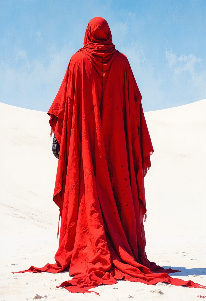 mythp0rt, ArsMJStyle, impressionism, very smooth, from behind, back of a person in a bright red mantle, mantle is very baggy, huge hanging sleeves, standing in a completely white desert, white sand, the sky is smooth blue.