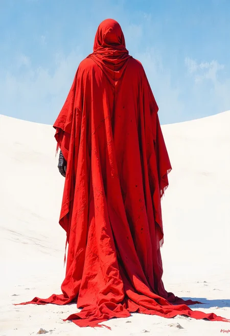 mythp0rt, ArsMJStyle, impressionism, very smooth, from behind, back of a person in a bright red mantle, mantle is very baggy, huge hanging sleeves, standing in a completely white desert, white sand, the sky is smooth blue.