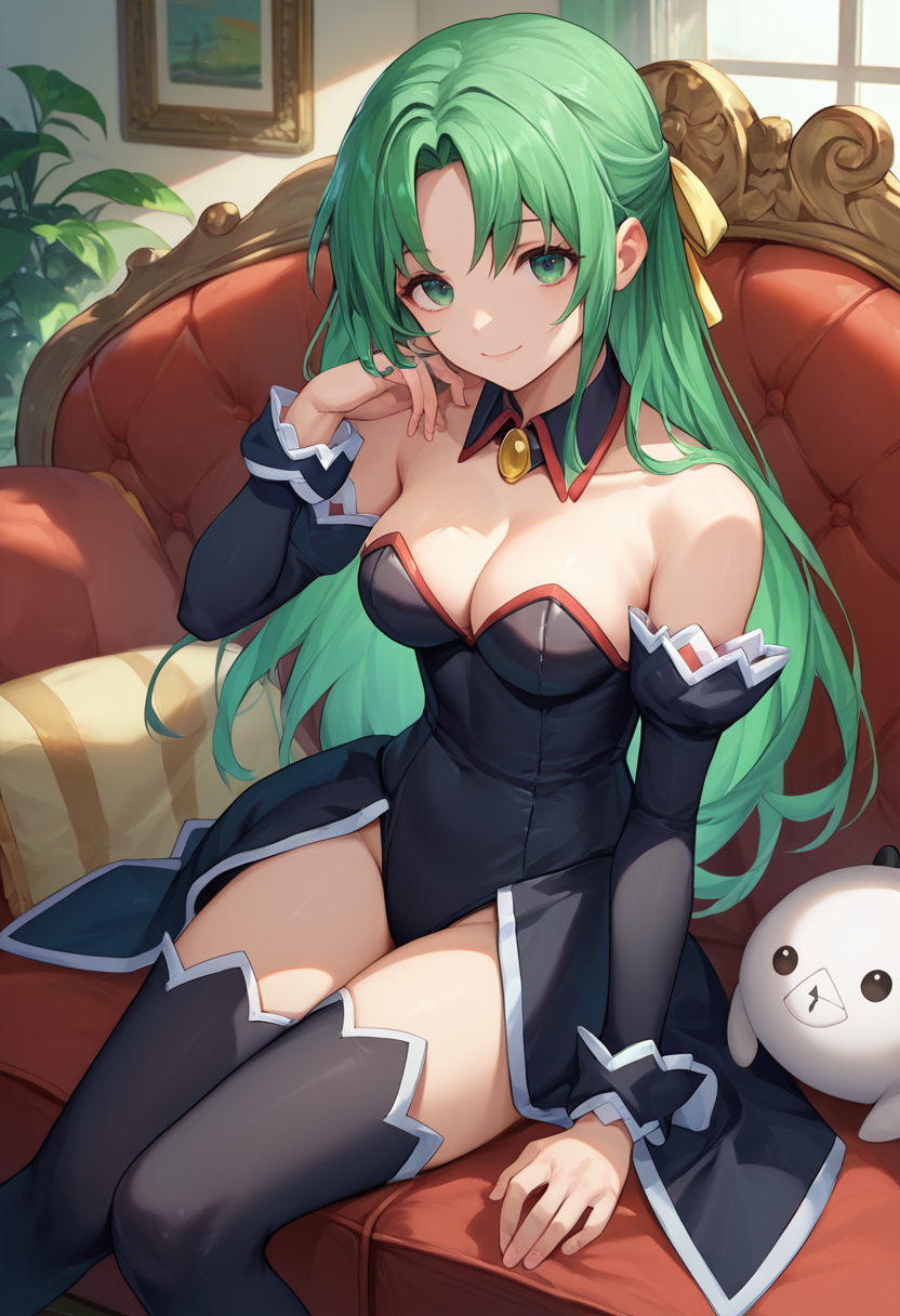 score_9, score_8_up, score_7_up, 1girl, ShiMort, green hair, long hair, green eyes, hair ribbon, detached collar, detached sleeves, black leotard, black thighhighs, black showgirl skirt, sitting, couch, looking at viewer, light smile,   <lora:Shion lorer 4-000007:1>