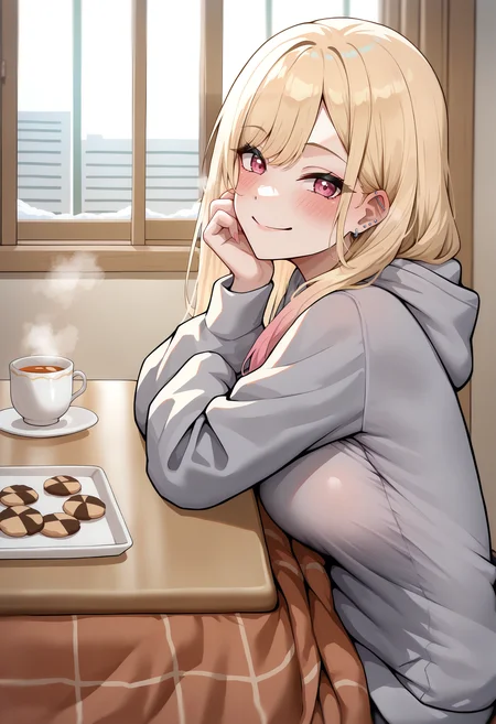 masterpiece, best quality, newest, absurdres, highres, looking at viewer, smile, blush, ktgw, long hair, swept bangs, multicolored hair, colored tips, blonde hair, pink eyes, large breasts, ear piercing, grey hoodie, sitting, cup, teacup, indoors, kotatsu, apartment, steam, cookie, window, winter, day, <lora:Hoseki_MyDressUpDarling_MarinKitagawa_IllustriousXL_v1_1030797:1>