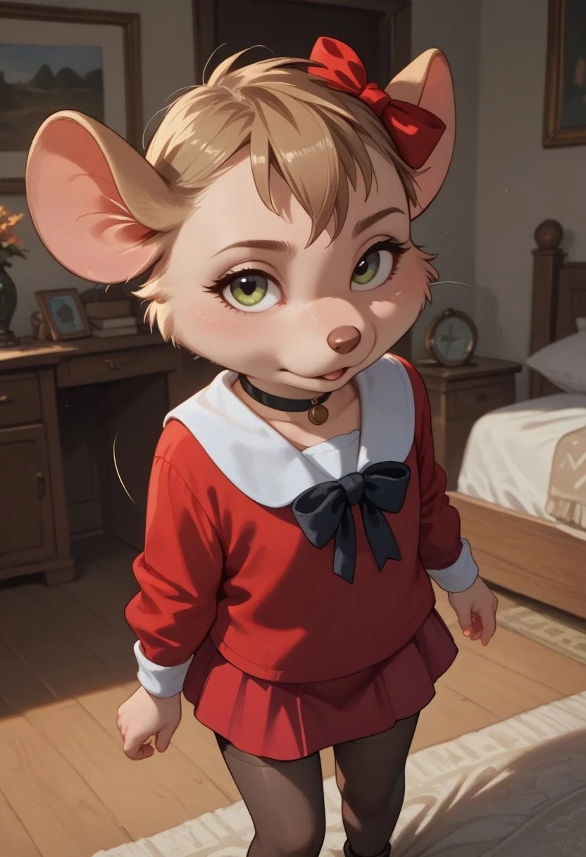 score_9, score_8_up, score_7_up, score_6_up, score_5_up, 1girl, solo
Olivia_F, furry female, body fur, brown fur, animal nose, mouse ears, animal ears, (hair ribbon), short hair,
choker
(leggings), minidress, red dress,
indoors, (detailed background), bedroom,
looking at viewer, very seductive, upper angle view