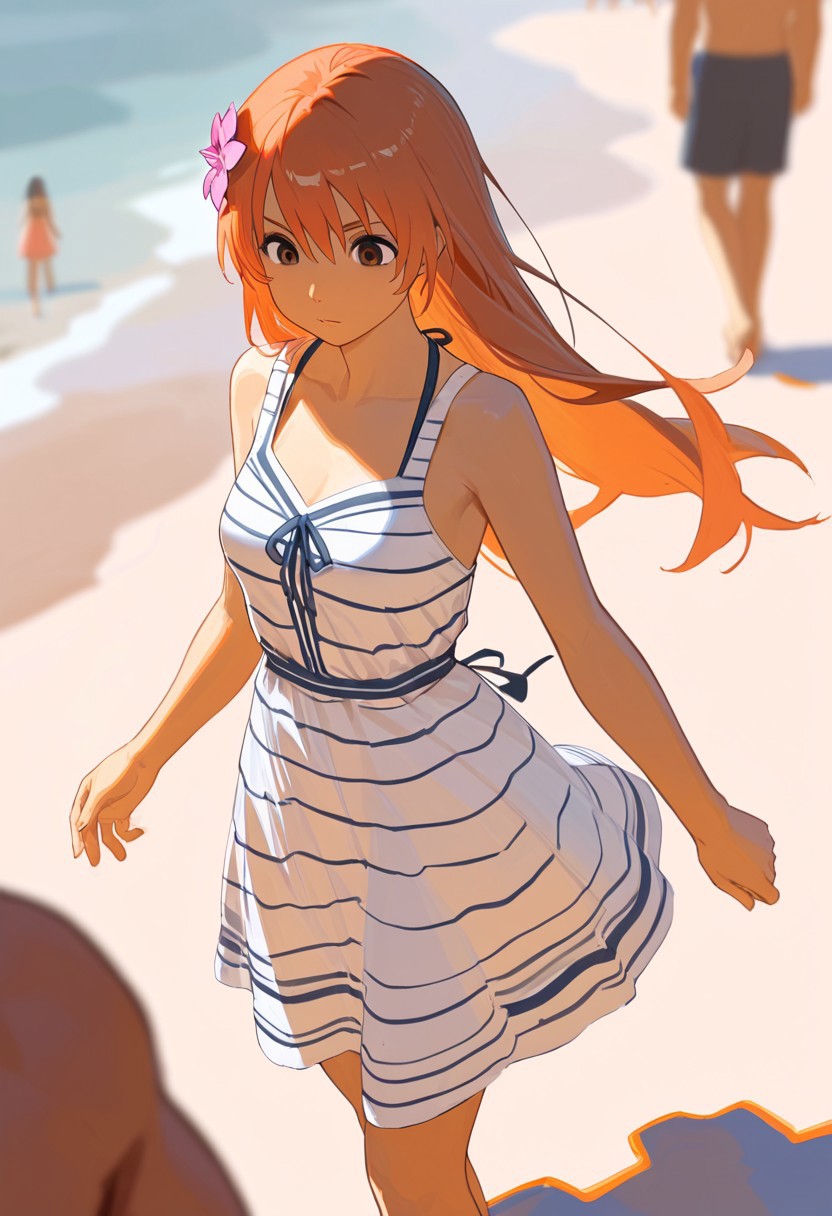 ,masterpiece, very aesthetic,8k,masterpiece, best quality, yukahana, hairflower, stripped dress, 1girl, long hair, orange hair, solo focus, dress, brown eyes, standing in beach , impressionism 1.5, high detail, depth of field, blurred background, dramatic lighting