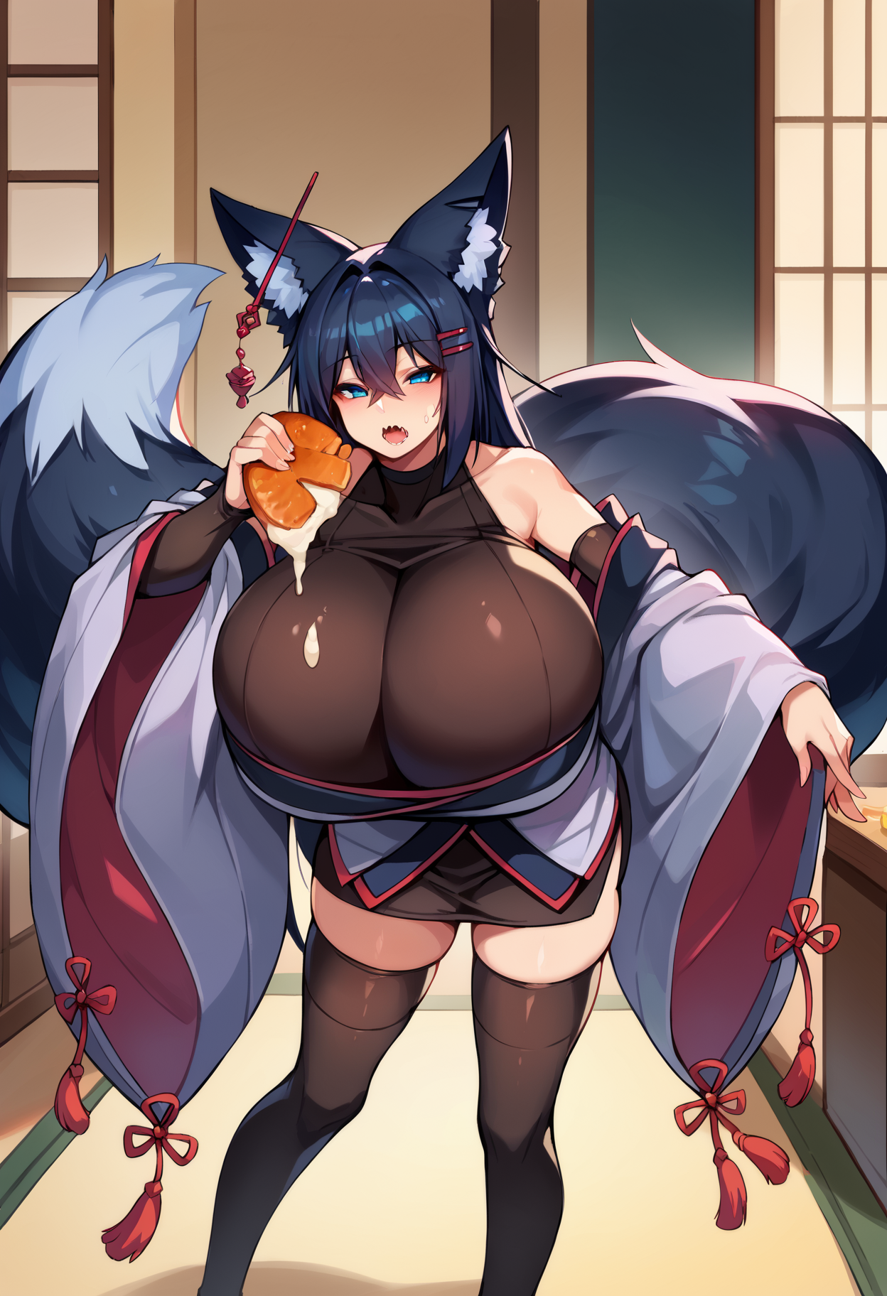 score_9, score_8_up, score_7_up, uncensored, source_anime, 1girl,  <lora:spsubresKiriXLPony:1> hair between eyes, ear piercing, fox tail, large tail, hairclip, japanese clothes, wide sleeves, elbow gloves, black thighhighs, gigantic breasts, arm up, eating, holding, holding weapon, leaning forward, looking at viewer, open mouth, solo, weapon, indoors, towel, bashful