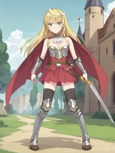 score_9, score_8_up, score_7_up, source_anime, 2D, flat colors, flat shadows, anime_screencap <lora:lunaslaveswordpony:1>,
1girl, solo, lunassword, long hair, blonde hair, green eyes, hair ornament, red cape, red skirt, armor, arm guards, belt, bare shoulders, cleavage, black thighhighs, boots, standing, outdoors, castle grounds, holding, sword, weapon, standing, serious, dynamic pose