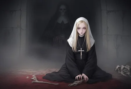horror \(theme\),("Nevson Arts" text logo),shadows,foggy,abandoned church,dark blood,darkness,bones,anime style,anime,nun is sitting on knees,blonde,long hair,