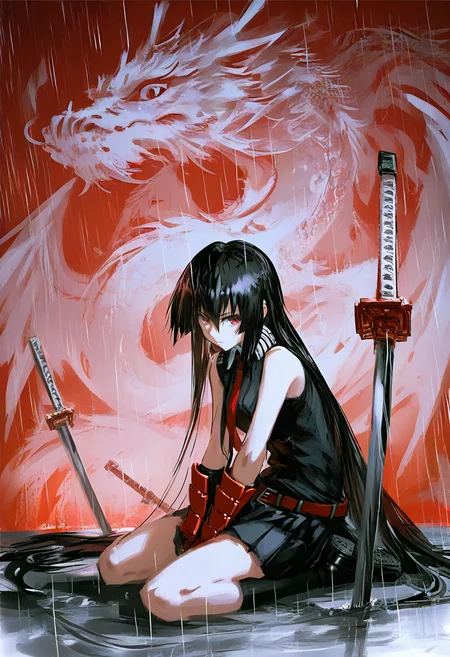 1girl, long hair, sword, weapon, black hair, solo, sitting, gloves, red eyes, sleeveless, katana, very long hair, red background, wariza, belt, looking at viewer, black socks, rain, bare shoulders, black footwear, black shirt, shirt, red belt, closed mouth, hair between eyes, planted sword, dragon <lora:YLXL_NBVP1_lokr_V6311P:0.95>