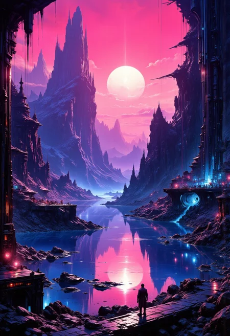 abstract painting, gradient vibrant neon colours, mythp0rt, best quality, masterpiece, large sci-fi city reflected in an inland lake, a supermassive dull sun in the background, cinematic, Perfect Composition