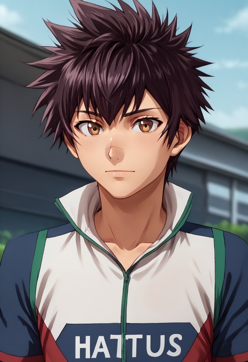 high resolution, solo, best quality, 1Boy, Kanata Hoshijima, Black hair, Brown Eyes, portraits, proud, outdoor, Half Body, Depth Of Field,