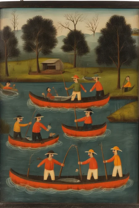 <lora:Folk Art:1>Folk Art - a Folk art painting of a group of fishermen around a lake