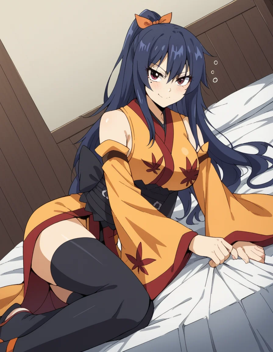 score_9, score_8_up, score_7_up, source_anime, <lora:homura-kougetsu-s1-ponyxl-lora-nochekaiser:1>, homura kougetsu, long hair, blue hair, red eyes, mole, mole under eye, large breasts,, bow, hair bow, ponytail, orange bow, thighhighs, detached sleeves, japanese clothes, black thighhighs, kimono, sash, obi, sandals, leaf print, yellow kimono,, indoors, bed, bed room, on side, blush, drunk,, smile, looking at viewer, solo,, cowboy shot, dutch angle