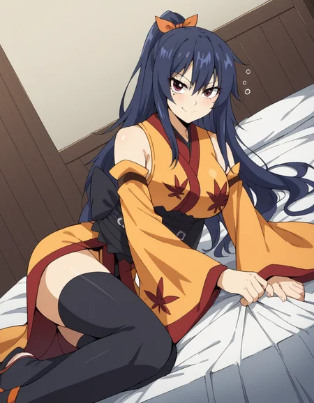 score_9, score_8_up, score_7_up, source_anime, <lora:homura-kougetsu-s1-ponyxl-lora-nochekaiser:1>, homura kougetsu, long hair, blue hair, red eyes, mole, mole under eye, large breasts,, bow, hair bow, ponytail, orange bow, thighhighs, detached sleeves, japanese clothes, black thighhighs, kimono, sash, obi, sandals, leaf print, yellow kimono,, indoors, bed, bed room, on side, blush, drunk,, smile, looking at viewer, solo,, cowboy shot, dutch angle