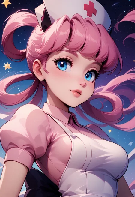 score_9, score_8_up, score_8, medium breasts, (curvy), cute, eyelashes, rating_safe,
BREAK,
zznursejoy, pink hair, hair rings, blue eyes, pink dress, apron, nurse cap,
BREAK,
dynamic angle, stars, floating, colorful, pink, blue eyes, black bow, from side, on back, spaceship, technological,
zPDXL,