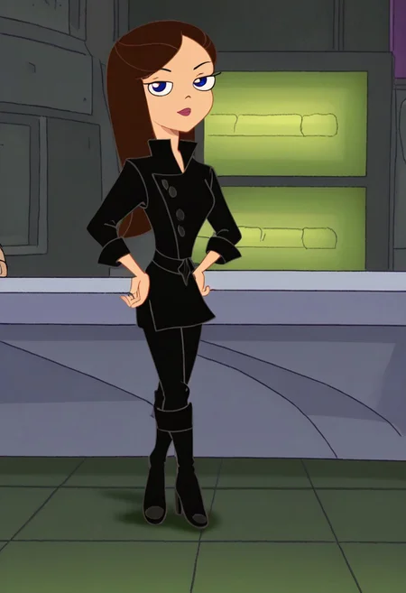 blue eyes, black jacket, black pants, standing, hand on hip,sitting, crossed legs