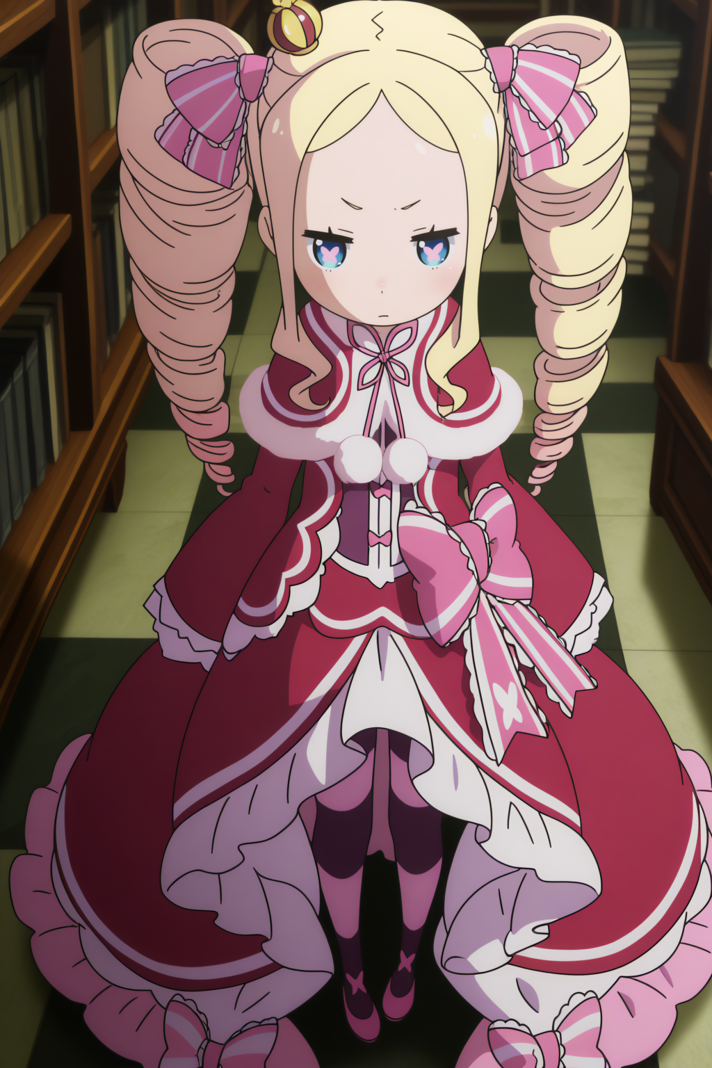 anime coloring, very aesthetic, masterpiece, perfect composition,  beatrice_\(re:zero\), twin drills, depth of field, symbol-shaped pupils, library, from above   <lora:Beatrice-illu:0.8>