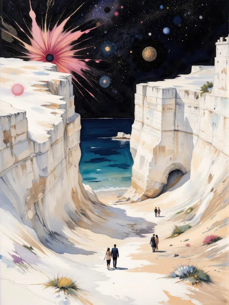 Surrealism themed artwork depicting white-toned seaside chalk cliffs, illuminated by spotlights, rococo, intricate black and pink fractal, magical, billowing bright dust, very detailed. The overall feel of the image is of clarity and balanced space, with distorted people and items interacting in unusual ways. Additionally the image incorporates elements of mixed media including flowing lines drawn with fine pens and appliqued copperleaf. The general effect is of elaborate surreal and absurdist elements interacting with each other to produce timeless fine art elegance. <lora:Paper_Marbling_Flux:0.5> <lora:Eldritch_Watercolor_for_Flux:0.5> <lora:midjourney_whisper_chromaplex_v1:0.4> <lora:Eldritch_Paint_Sketch_for_Flux_1.0.5:0.4> <lora:FLUX.1-DEV_-_Decadence_style_LoRA:0.5>