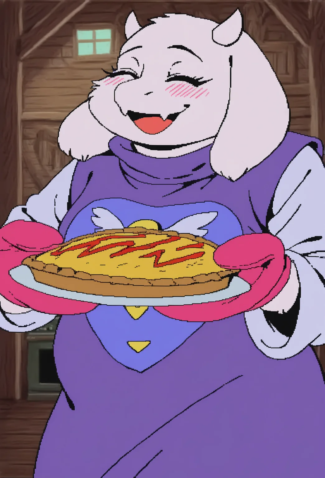<lora:cdi-style_vpred-noobaiv10_:1>, cdi style, flat colors, aruurara, undertale, undertale \(series\), toriel, boss monster \(undertale\), bovid, caprine, mammal, anthro, biped, blush, clothed, clothing, cute fangs, dessert, eyes closed, fangs, female, food, handwear, horn, open mouth, oven mitts, pastry, pie, smile, solo, teeth, inside, house, home, wood wall,