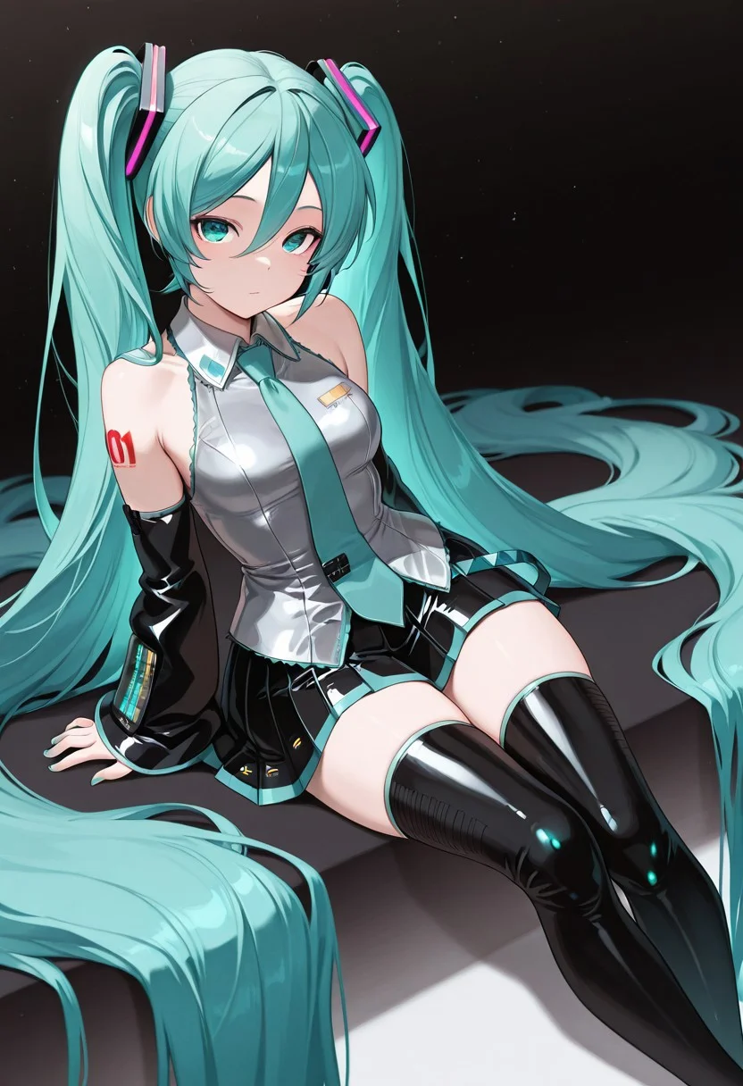 hatsune miku, absurdly long hair,aqua hair,twintails,hair ornament,sidelocks,hair between eyes,parted bangs,aqua eyes, white shirt,collared shirt,bare shoulders,sleeveless shirt,aqua necktie,detached sleeves,black sleeves,shoulder tattoo,fringe,black thighhighs,miniskirt,pleated skirt,zettai ryouiki,thigh boots, masterpiece, best quality, amazing quality,, <lora:fgo-kriemhild-ponyxl-lora-nochekaiser:1>, <lora:doggystyle-asphyxiation-illustriosxl-lora-nochekaiser:1>