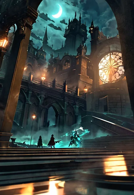 houtline, digital_art, (Best quality), standing, building, weapon, hat, pillar, from_behind, a wizard  fighting a legendary chess boss, glowing, cape, fog, silhouette, full_body, outdoors, sword, indoors, holding, long_hair, night, 1boy, fight_group, sky, (scenery),  holding_weapon, stairs, (monster), battle, dress, facing_away, (boss_fight:1.2), cloak, hood, long_sleeves, arch, witch_hat, male_focus, lamppost, blonde_hair, ruins, gloves, sitting, science_fiction, dark, light, reflection, full_moon, floating, witch, bridge, hitodama, holding_sword, legendary_monster, coat, night_sky, (dutch_angle), (size_difference:1.4), street_view, street, glowing_eyes, light_rays, rain, motion_blur, motion_lines,  from_side, chess_(theme), tower_(theme), chess, queen_chess_piece, Piece_monster, , boots, short_hair, railing, sign, ghost, crystal, wide_sleeves, pants, lights, skyscraper, red_eyes, walking, cloud, blue_hair, hooded_cloak, multiple_girls, epic, staff, (statue), riding, creature, legs_apart, full_armor, castle, planted_weapon, purple_lights, smoke, purple smoke, Aqua_(theme)