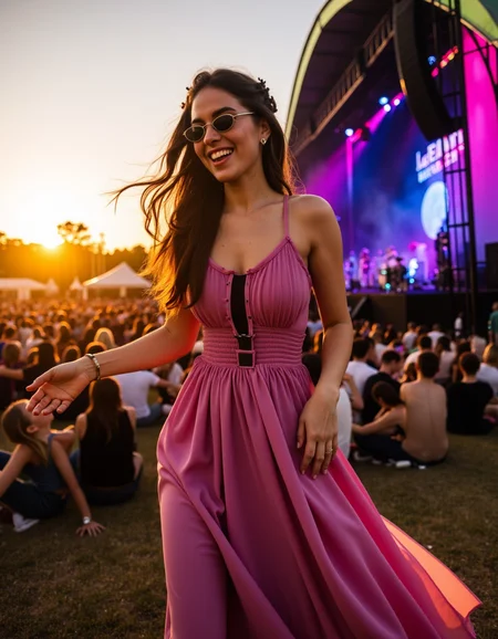 <lora:lora:1> p4rt1gs, ultra quality, ultra detailed image, ultra realistic, a vibrant young woman in a flowing bohemian dress, her sun-kissed skin glowing under the golden hour light as she dances freely at an outdoor music festival. She wears stylish round sunglasses, her long wavy brunette hair adorned with tiny braids. A slow shutter speed captures the motion blur of her movement while neon stage lights illuminate her silhouette. Shot with a wide-angle lens at a dynamic low angle, emphasizing the energy of the crowd and the towering festival stage behind her.
