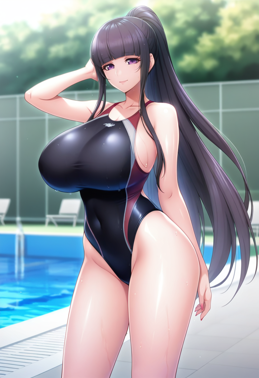 masterpiece, best quality, amazing quality,tomoe tajika, purple eyes, black hair, mature female, long hair, blunt bangs, ponytail, 1girl, breasts, solo,huge breasts,swimsuit, one-piece swimsuit,competition swimsuit,highleg swimsuit, black one-piece swimsuit,closed mouth, light smile, standing, looking at viewer, outdoors, pool, blurry background <lora:tomoe tajikaV1:0.9>