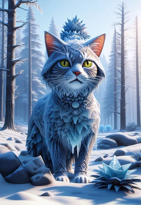 score_9, score_8_up, score_7_up, source_anime, deep colors, high quality, high resolution, detailed, highres, no humans, source_furry,
fr0stwrld, snow, ice,
solo, cat,
meadow mountain forest background,
n64zeldastyle, 3d, polygonal, full body,