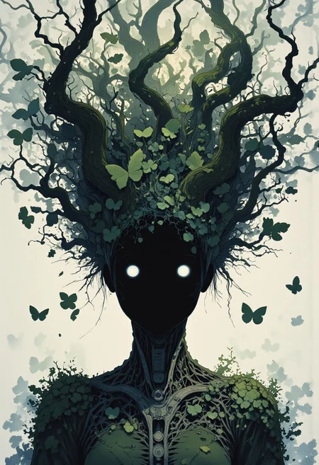 Studio Ghibli Dark Fairytale, intricate cyborg Portrait of a female Robotic entity with Long billowing Hair Made of leafs, black hollow eerie head, No Face, DARK moody