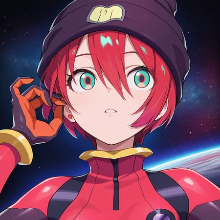 amate yuzuriha,1girl,solo,
amate yuzuriha\(mecha pilot suit \),
red hair,multicolored hair,short hair,aqua eyes,multicolored eyes,
plugsuit,gloves,two-tone bodysuit,beanie,
space,
masterpiece,best quality,amazing quality,very aesthetic,absurdres,