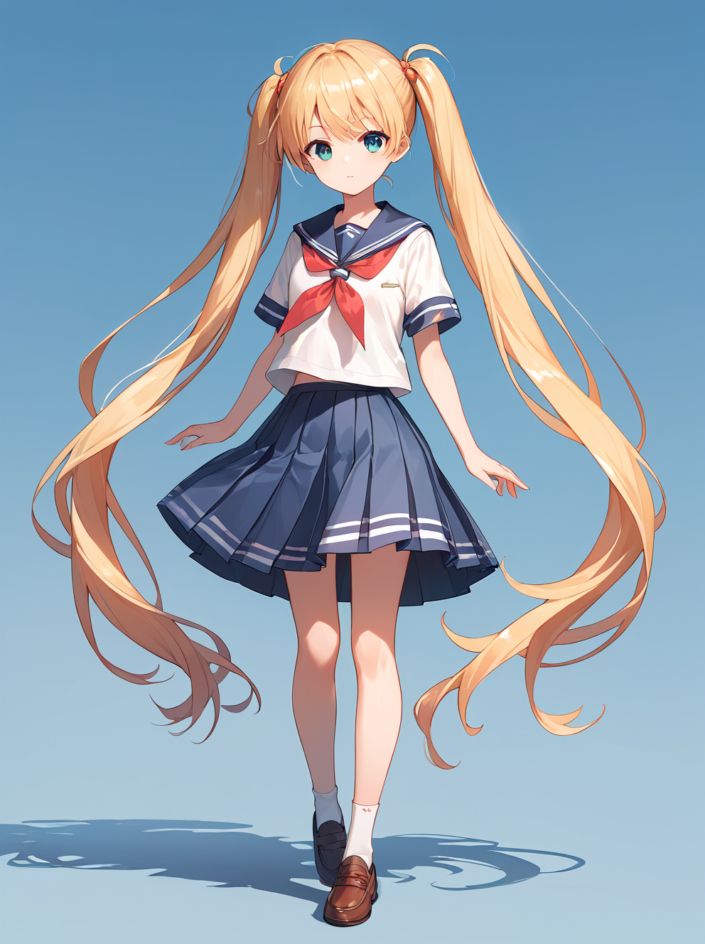 score_9, score_8_up, score_7_up,source_anime, high res image,masterpiece,best quality,girl,cute face,clear skin,shiny hair,ultra detailed eyes,simple background,  <lora:long twintail_pony_V1.0:1.2> twintails,very long hair,full body,wind,school uniform