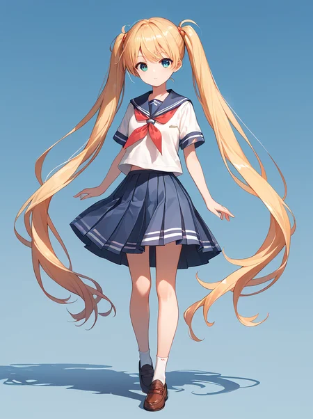 score_9, score_8_up, score_7_up,source_anime, high res image,masterpiece,best quality,girl,cute face,clear skin,shiny hair,ultra detailed eyes,simple background, <lora:long twintail_pony_V1.0:1.2> twintails,very long hair,full body,wind,school uniform
