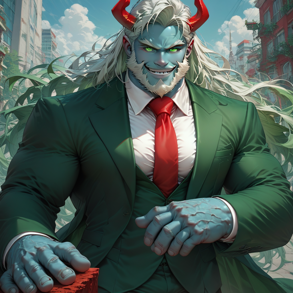 score_9, score_8_up, score_7_up, very tall man, giant, blue skin, long white beard, very muscular, green suit, green eyes, small red horns, red tie, (evil smile)