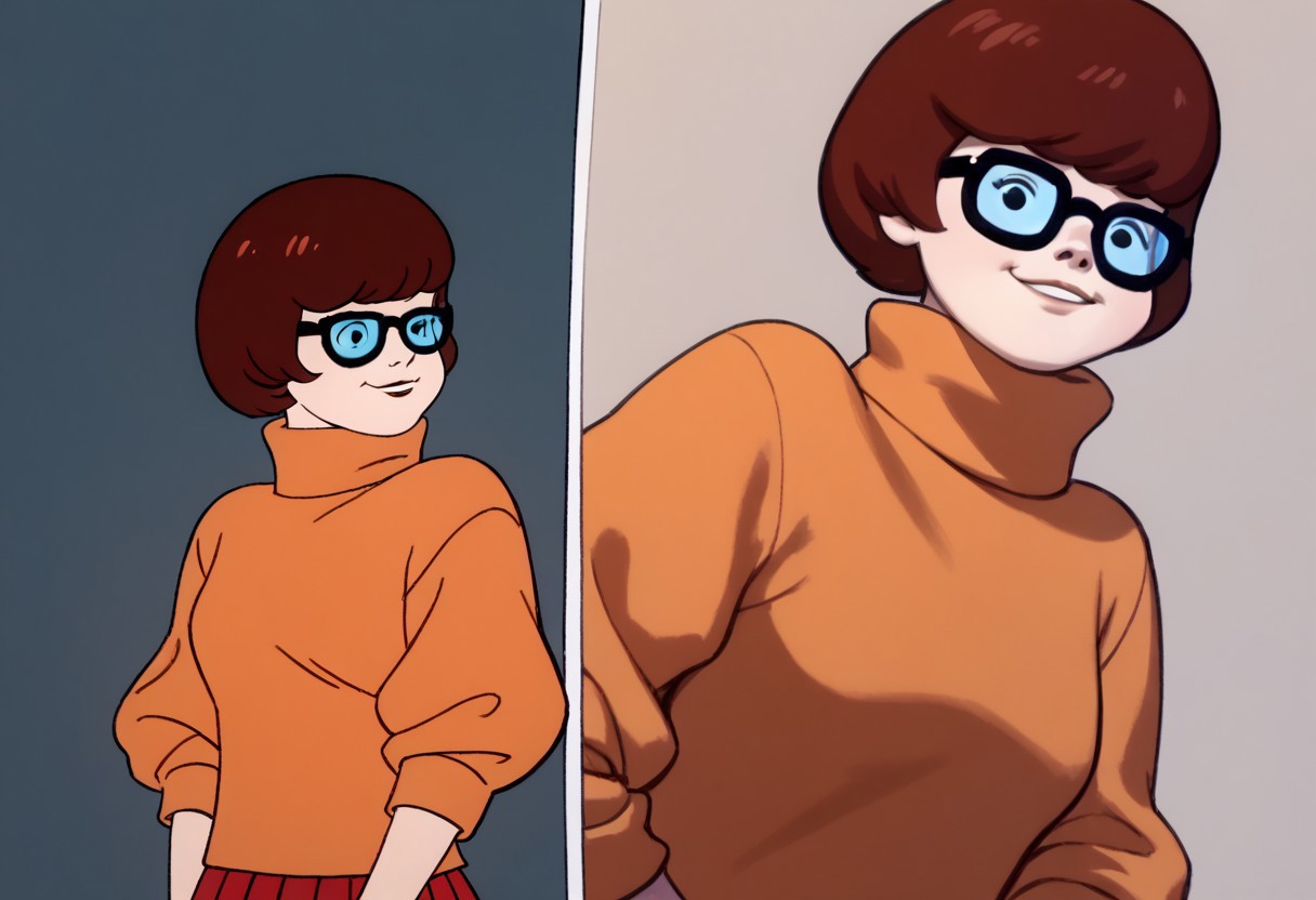 score_9, score_8_up, score_7_up BREAK VelmaCl, 1girl, brown bob cut, black eyes, glasses, orange turtleneck sweater, short red pleated skirt, orange knee-high socks, red mary jane shoes, posing for viewer, smiling, closeup, closeup shot,