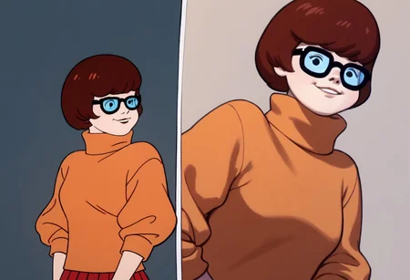 score_9, score_8_up, score_7_up BREAK VelmaCl, 1girl, brown bob cut, black eyes, glasses, orange turtleneck sweater, short red pleated skirt, orange knee-high socks, red mary jane shoes, posing for viewer, smiling, closeup, closeup shot,