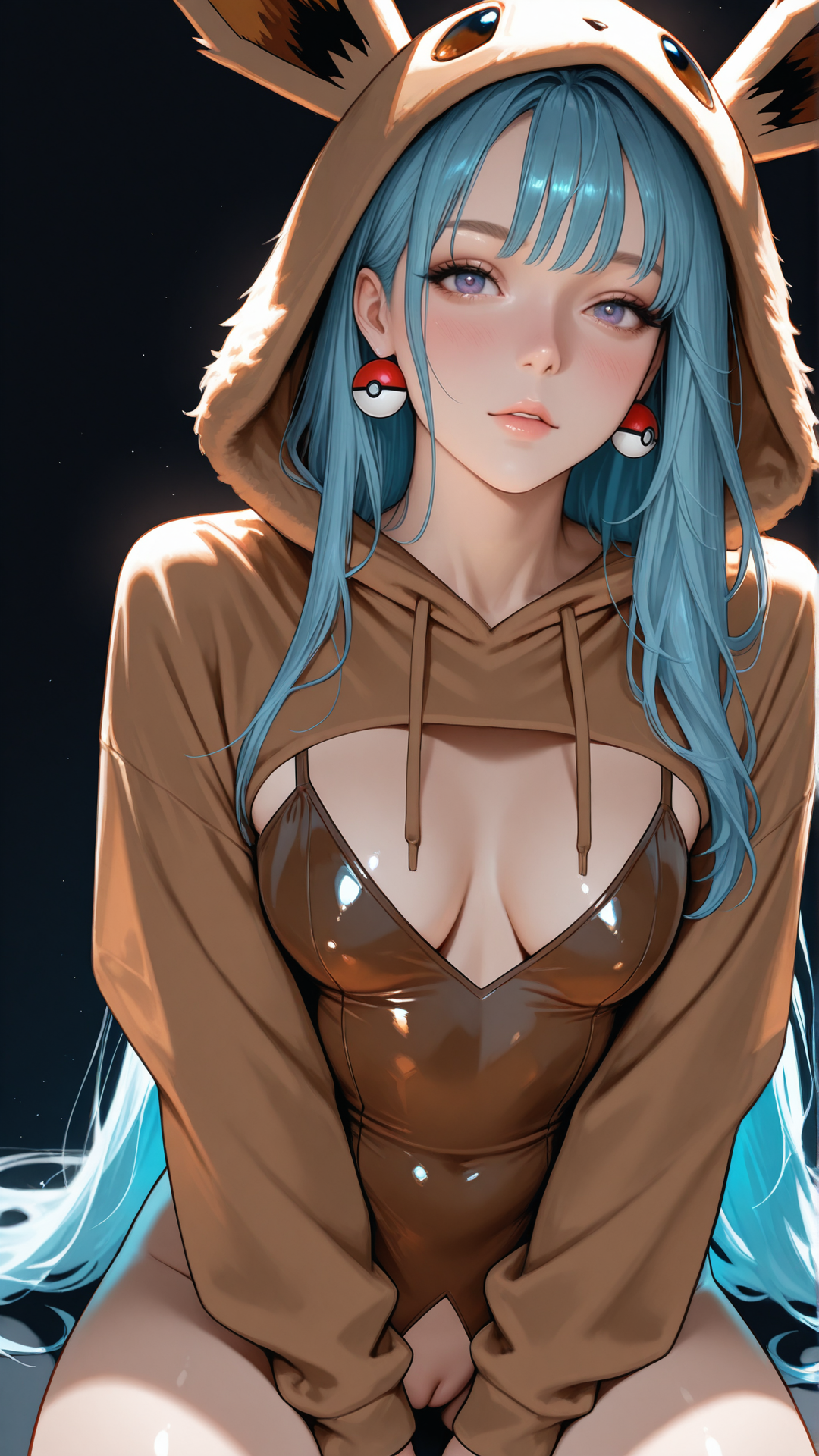masterpiece, best quality, high resolution, very aesthetic, absurdres, newest, professional, high-quality, hyper-realistic, portrait of a woman, detailed eyes, realistic body, 
1gitl, milf, magenta eyes, looking at viewer, eyelashes, blue hair, very long bangs, disgraceful hair, hair fall into face, wild hair, step cut, saggy breasts, medium small breasts, pokeball earrings, 
wearing a Fluffeevkinij, brown hoodie, Eevee hood, ears, brown leotard, pussy cutout, <lora:Fluffeevkinij:0.8>, 
sitting, legs to the side, hands between the thighs,
simple background, dark background, pastel blue details, vibrant colors, 
eye view, 
moody, dynamic motion, blush