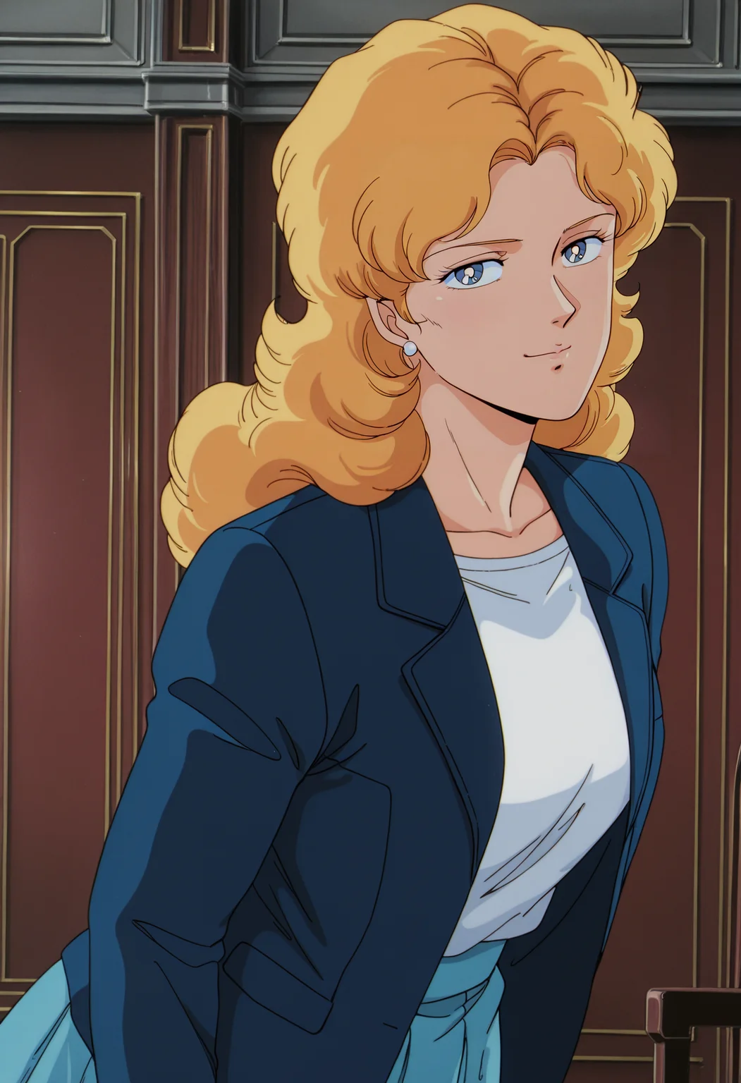 1girl,solo,mm,mature female,long hair,blonde hair,long hair,blue eyes,earrings,anime coloring,retro artstyle,1980s (style),
blue jacket,white shirt,blue skirt,looking at viewer, smile,indoors
,masterpiece,best quality,amazing quality,<lora:Nadia_Ronah-Gundam_F91:0.8>