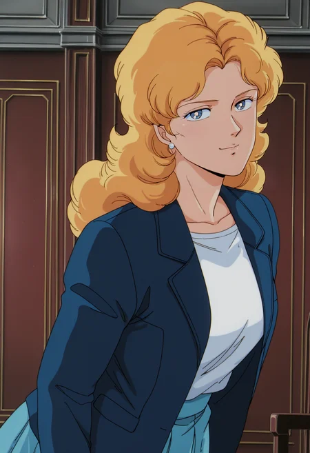 1girl,solo,mm,mature female,long hair,blonde hair,long hair,blue eyes,earrings,anime coloring,retro artstyle,1980s (style),
blue jacket,white shirt,blue skirt,looking at viewer, smile,indoors
,masterpiece,best quality,amazing quality,<lora:Nadia_Ronah-Gundam_F91:0.8>