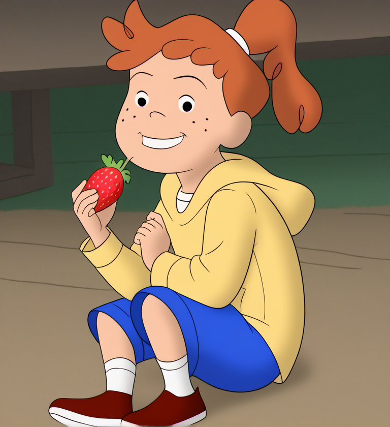 1girl, solo, awcg1, freckles, smile, ponytail, blue shorts, hood, orange hair, shoes, looking at viewer, child, eating strawberry, hoodie, socks, <lora:awcg1:1>,