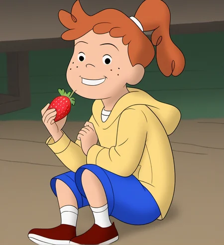 1girl, solo, awcg1, freckles, smile, ponytail, blue shorts, hood, orange hair, shoes, looking at viewer, child, eating strawberry, hoodie, socks, <lora:awcg1:1>,