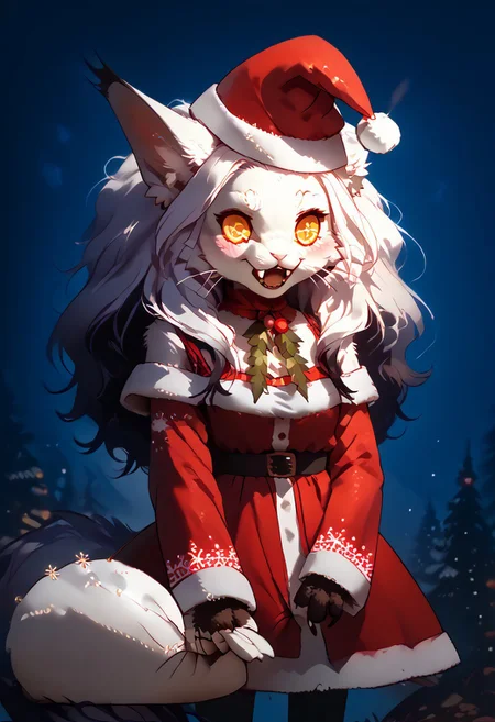 score_9, score_8_up, score_7_up, score_6_up, score_5_up, score_4_up, source_furry, rating_safe,
fluffy_new_year, merry_furistmas, detailed eyes, zzPadoru, dress,,
an anthro character Targath, very fluffy mane and tail, wearing a festive Santa hat and a cute dress, holding a sack, with a blush on her cheeks and a big smile with an open mouth, in a cheerful meme style.