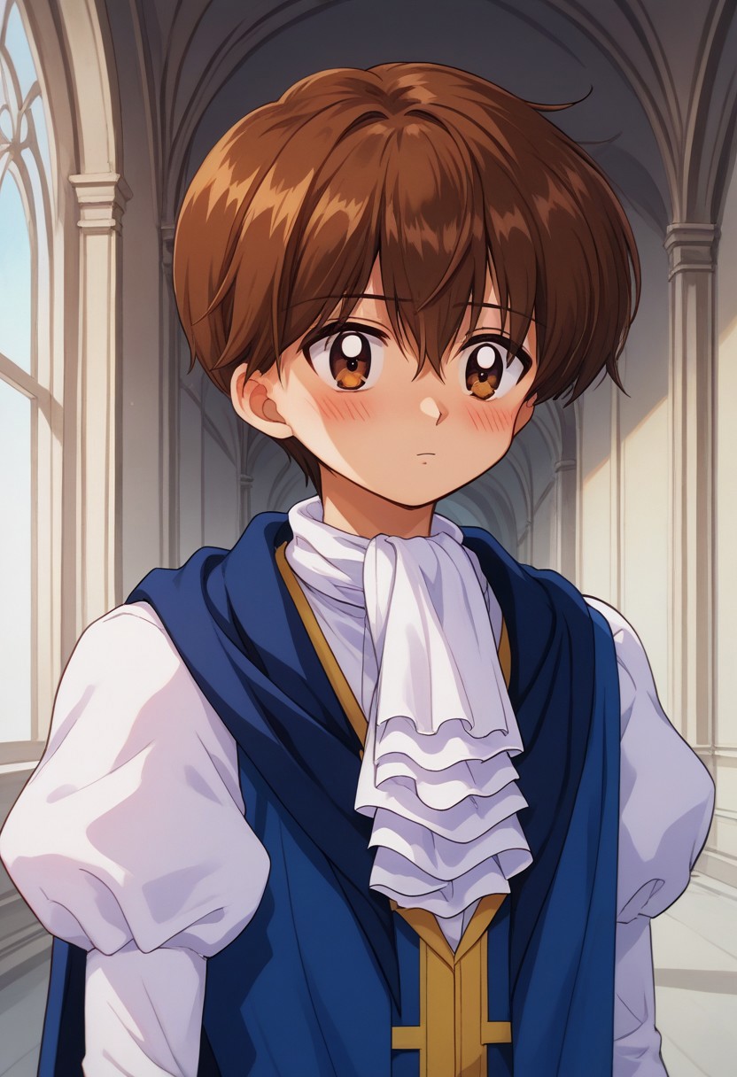 score_9, score_7_up, source_anime 
kanata, 1boy, male focus, solo, brown eyes, brown hair, short hair, bangs, hair between eyes, shirt, white shirt, puffy sleeves, ascot, white ascot, vest, blue vest, cape, blush,
indoor,