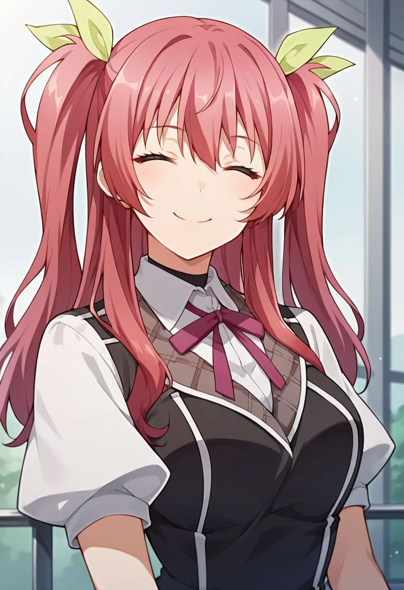 score_9, score_8_up, score_7_up, source_anime,stella vermillion, 1girl, long hair, smile, ribbon, twintails, school uniform, closed eyes, hair ribbon, pink hair, red hair, 1girl, solo, two side up